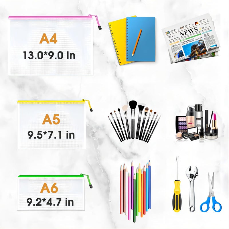 Umriox Mesh Zipper Pouch Bags, A4+A5+A6 (12 Colors, 36 Pack), Mesh Bags with Zipper, Storage Bags, Zipper Bags for Office Supplies Travel Storage - Image 2